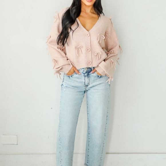 Dreamers By Debut Sweaters - Elegant Pink Bow-Detail Cardigan